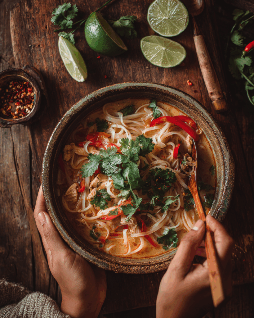  Vegetarian Thai Red Curry Noodle Soup with tofu and basil