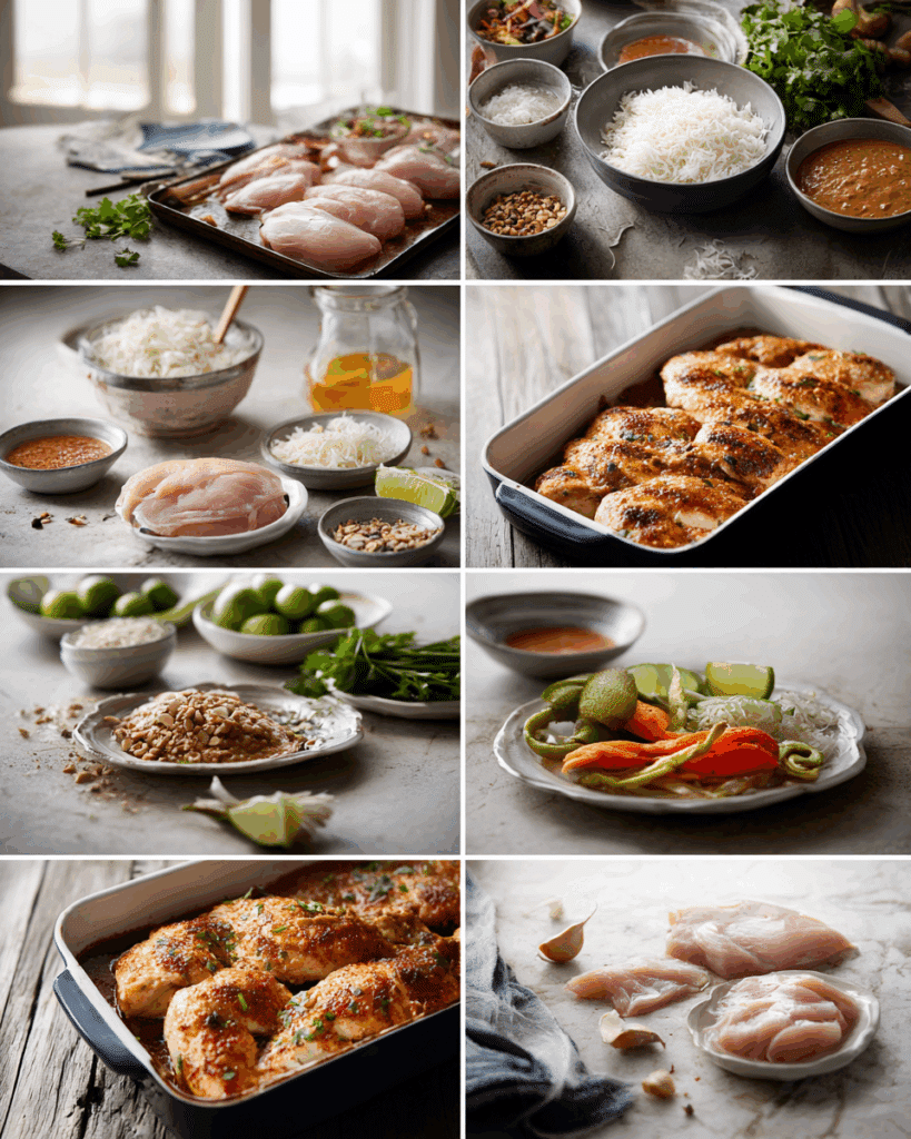 Pouring Thai peanut sauce over chicken