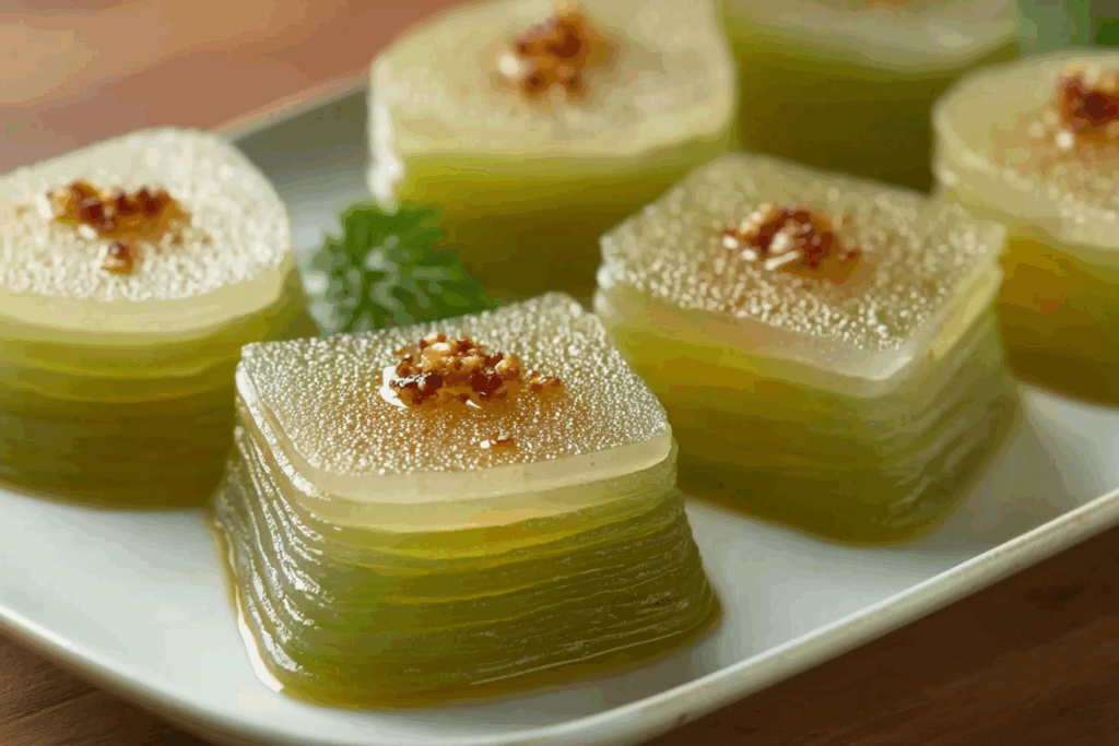 Steamed Pandan Tapioca Cakes sliced into layers on a white plate