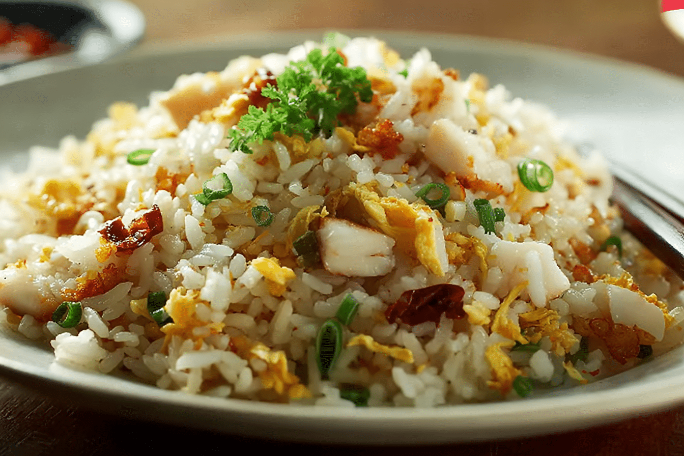 Salted Fish Fried Rice close-up with garnish