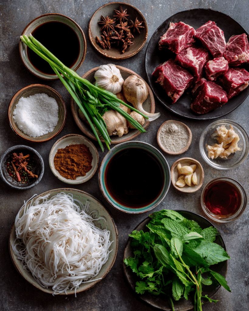 Ingredients for Thai Boat Noodles with Beef laid out on Thai table