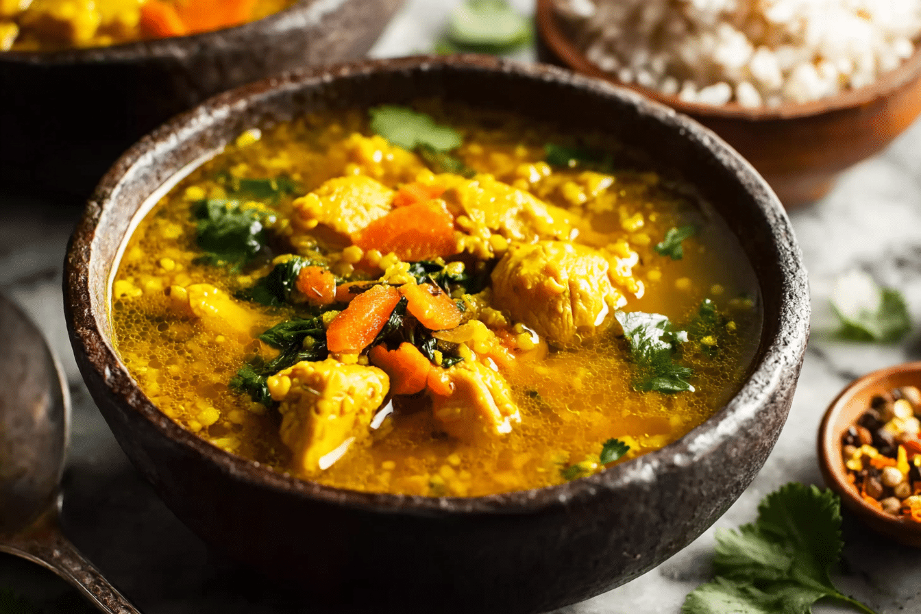 Turmeric Chicken Soup with golden broth and fresh herbs