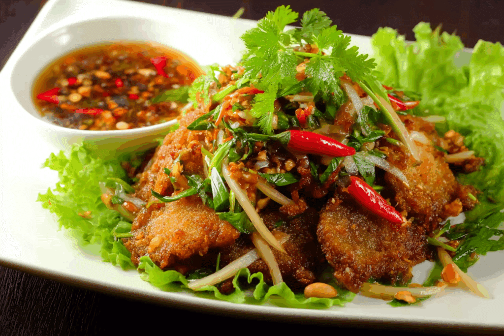 Crispy Catfish and Green Mango Salad served on Thai-style plate