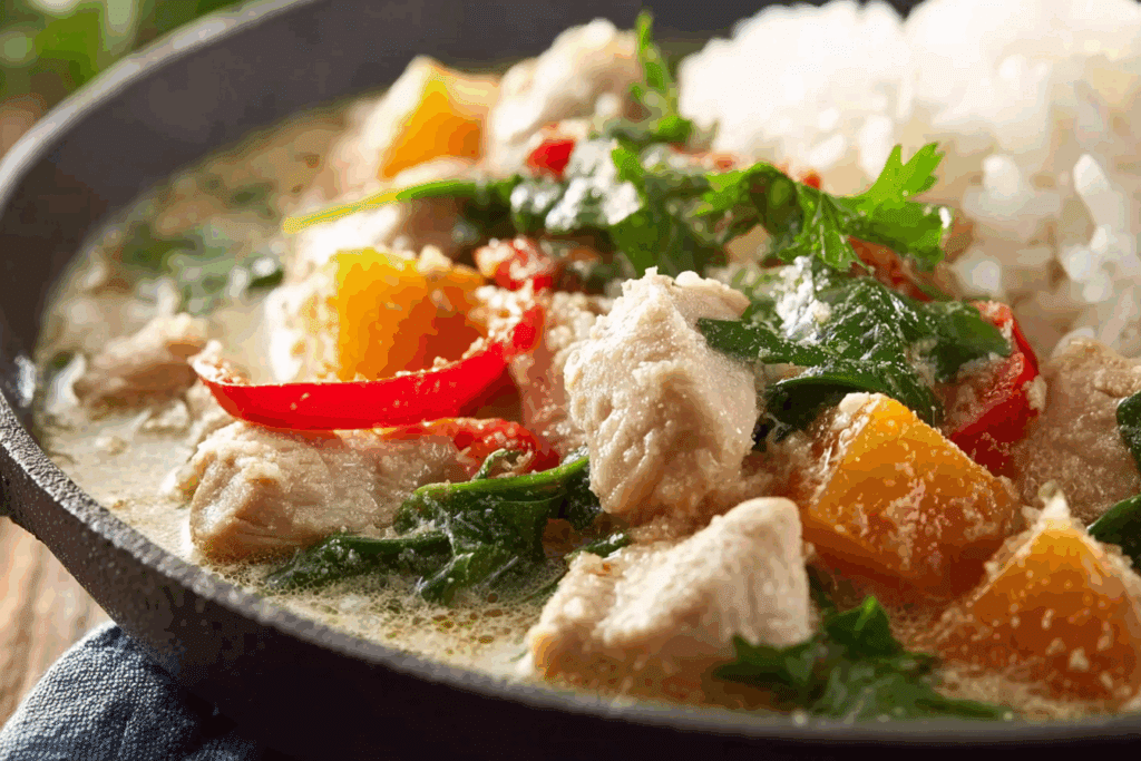 Thai Coconut Chicken Stew in Thai-style kitchen with lime and cilantro