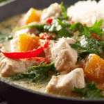 Thai Coconut Chicken Stew in Thai-style kitchen with lime and cilantro