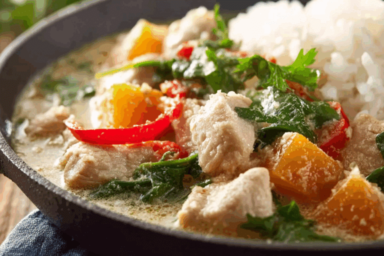 Thai Coconut Chicken Stew in Thai-style kitchen with lime and cilantro