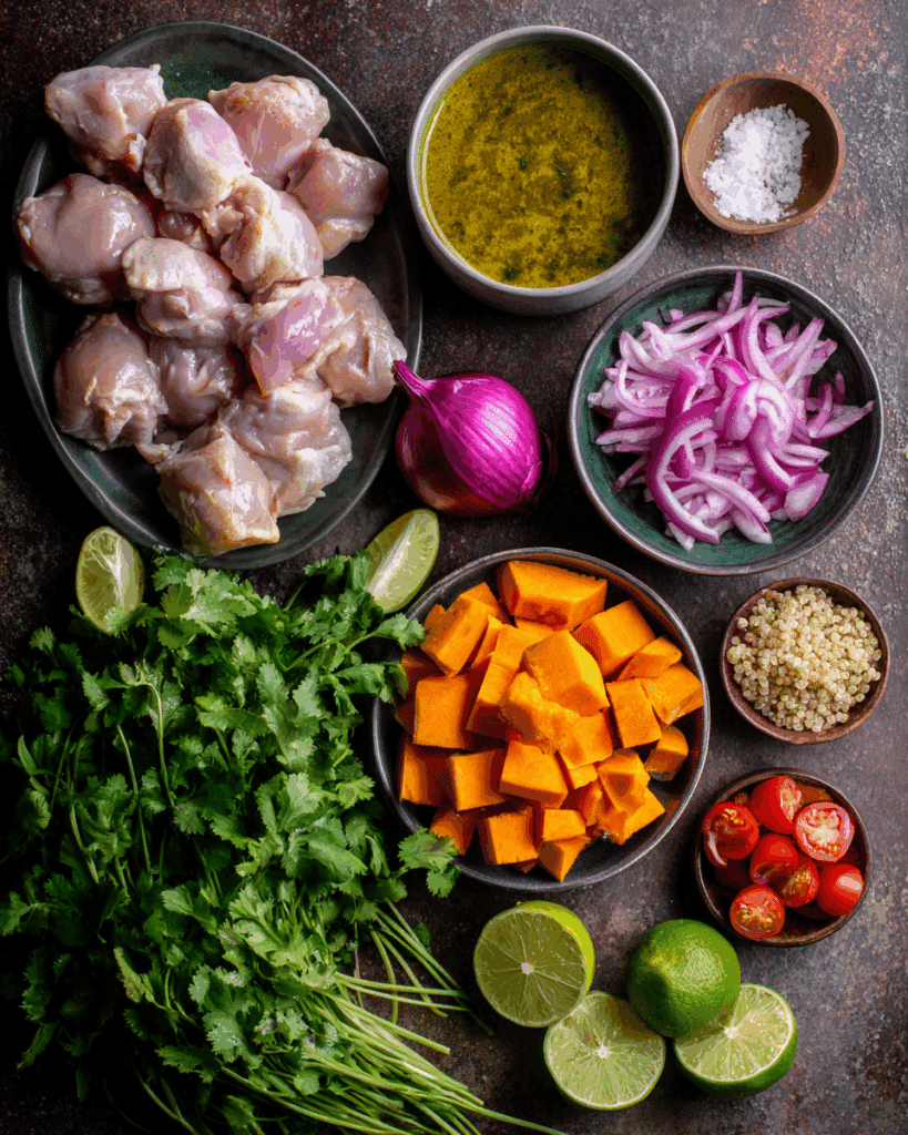 Thai Coconut Chicken Stew raw ingredients on wooden counter