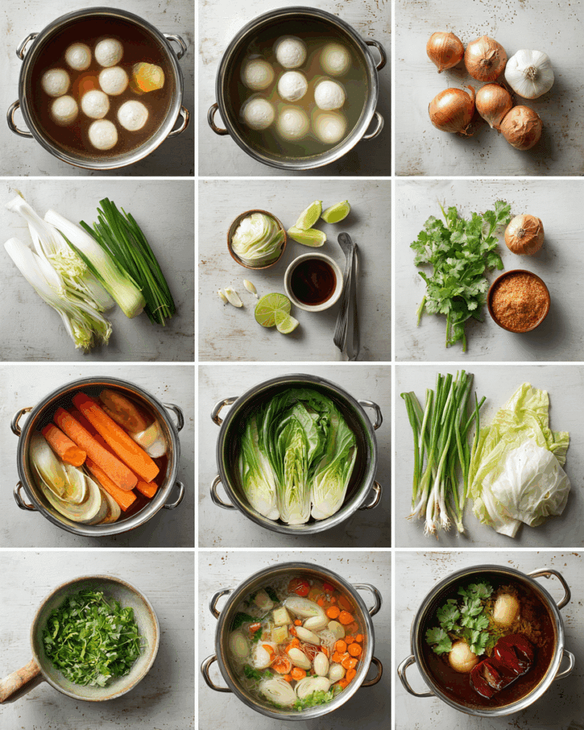 Simmering Thai Fish Ball Soup with fish balls and vegetables