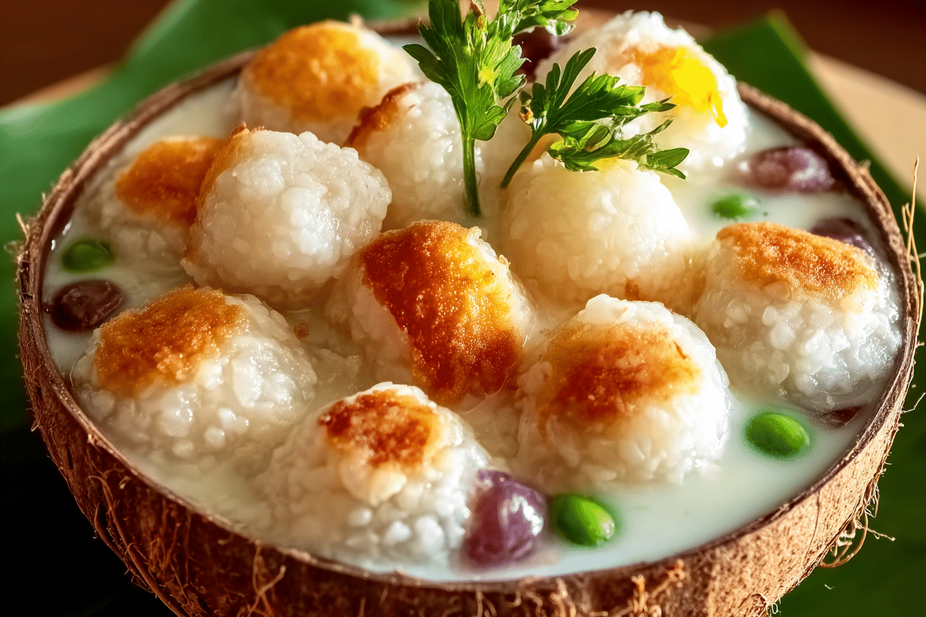 Thai Coconut Rice Balls dessert with coconut milk