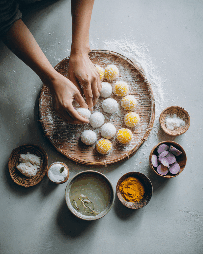 Rolling rice flour dough into Thai dessert balls