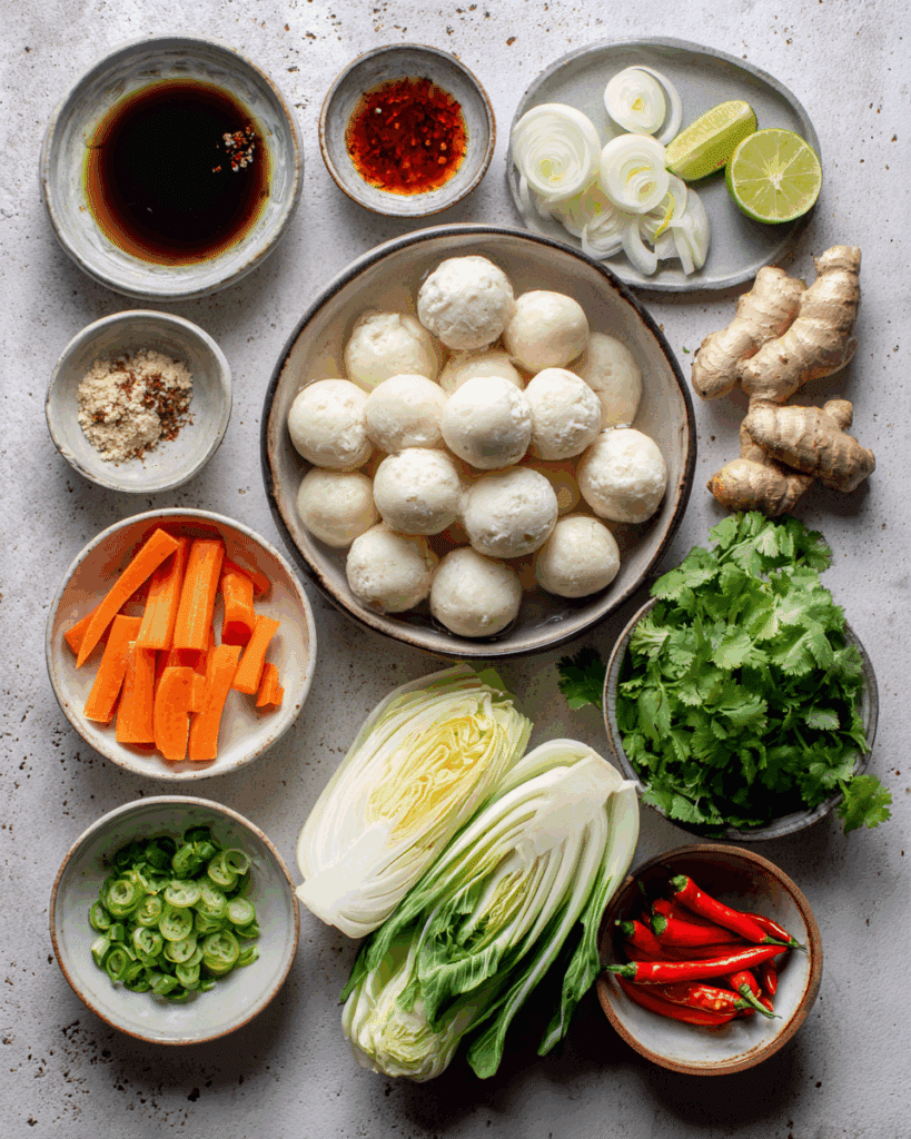 Key ingredients for Thai Fish Ball Soup including garlic, ginger, and fish balls