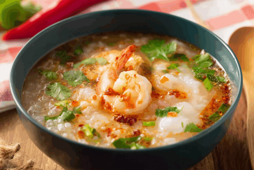 Thai Breakfast Rice Soup with Shrimp in a Thai ceramic bowl