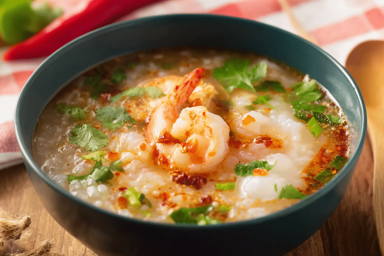 Thai Breakfast Rice Soup with Shrimp in a Thai ceramic bowl