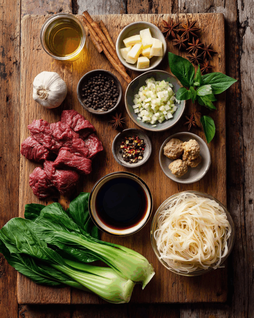 Thai Beef Noodle Soup ingredients with spices and herbs