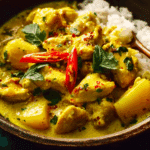 Thai Yellow Chicken Curry with Potatoes served in a white bowl with fresh cilantro