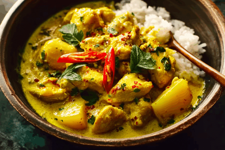 Thai Yellow Chicken Curry with Potatoes served in a white bowl with fresh cilantro