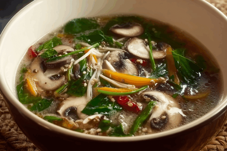 Thai Mushroom Soup with Herbs in traditional Thai bowl