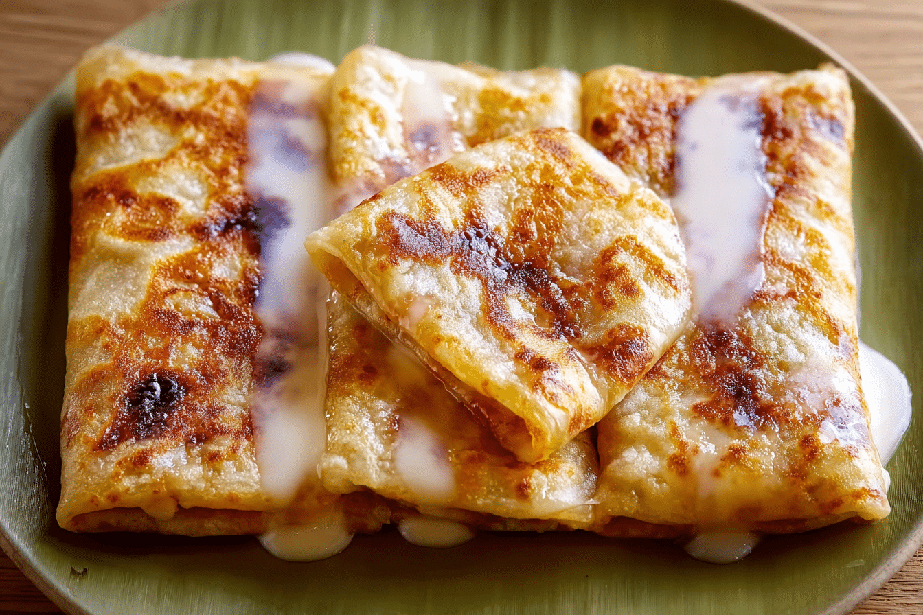 Thai Roti with Sweetened Condensed Milk being cooked by a Thai street vendor