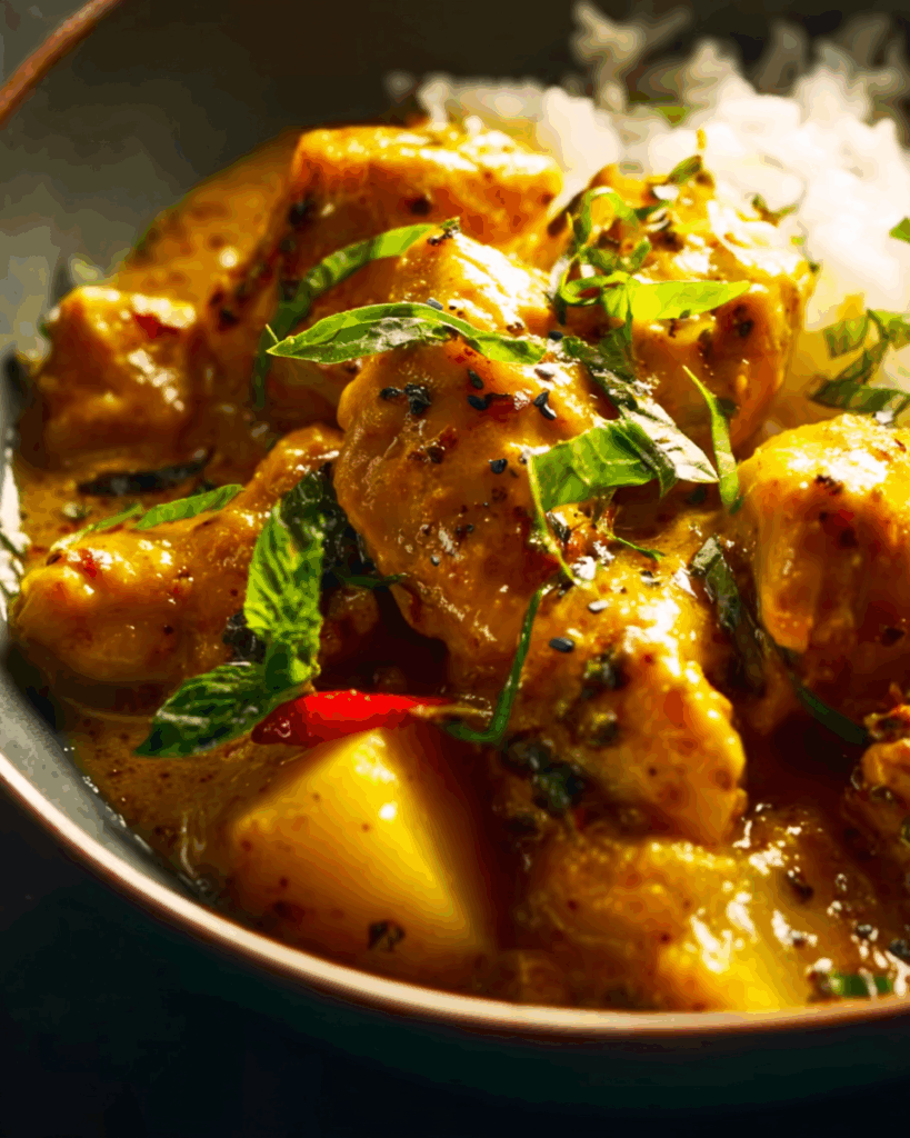 Family-style Thai Yellow Chicken Curry with Potatoes with jasmine rice