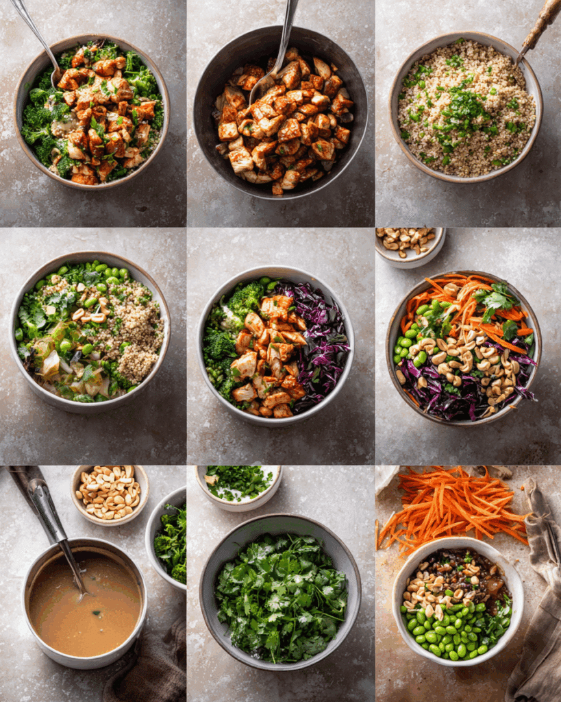 Step-by-step preparation of the creamy Thai-style sauce used in the quinoa bowl.
