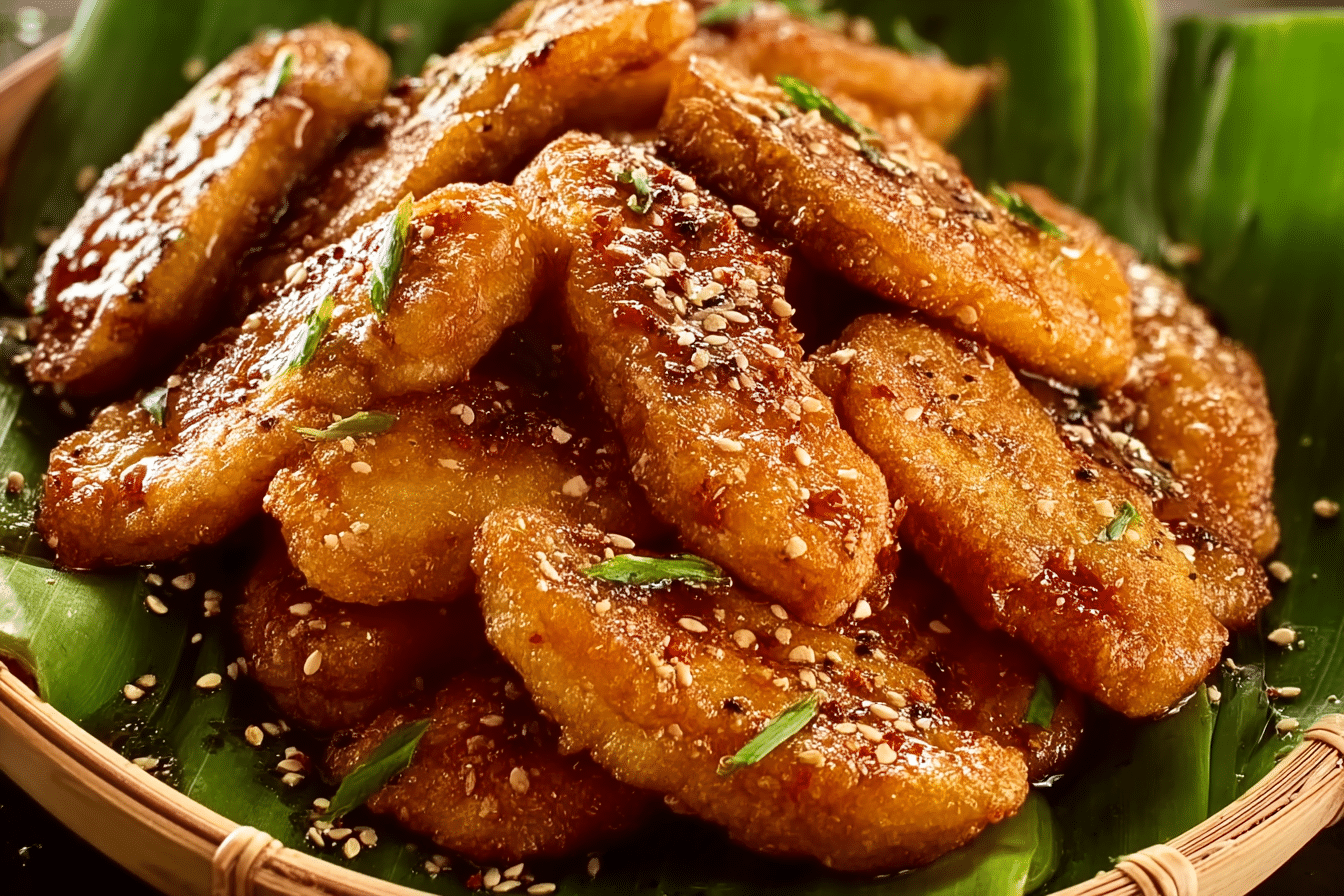 Thai Fried Bananas fresh and crispy on banana leaf