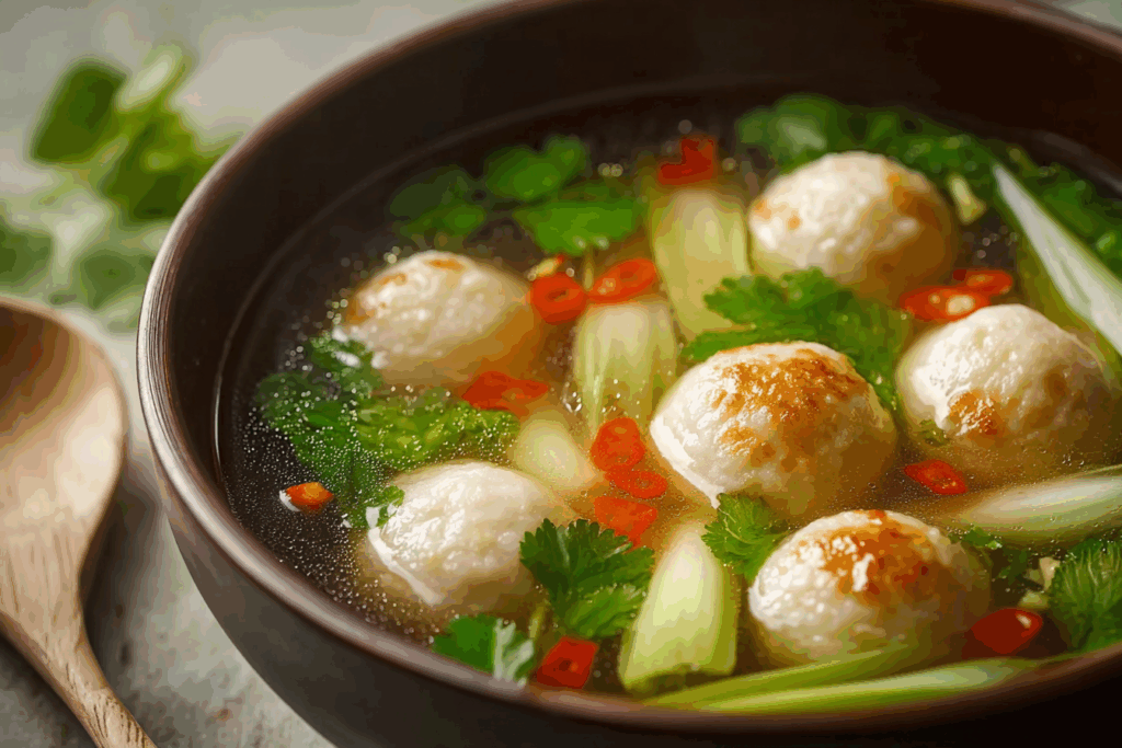 Steaming bowl of authentic Thai Fish Ball Soup with herbs and lime