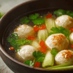 Steaming bowl of authentic Thai Fish Ball Soup with herbs and lime