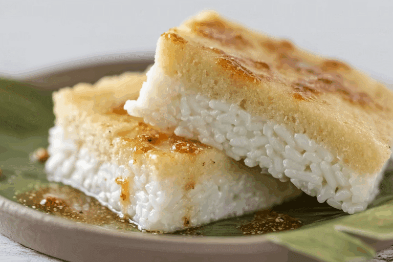 Sticky Rice Layer Cake with pink and white layers on Thai-style plate