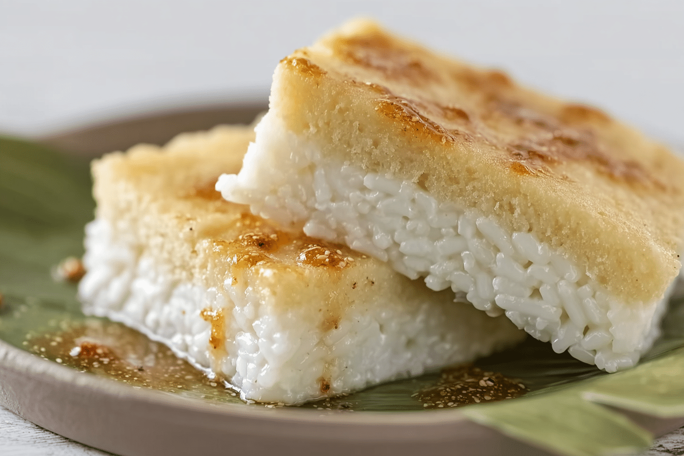 Sticky Rice Layer Cake with pink and white layers on Thai-style plate