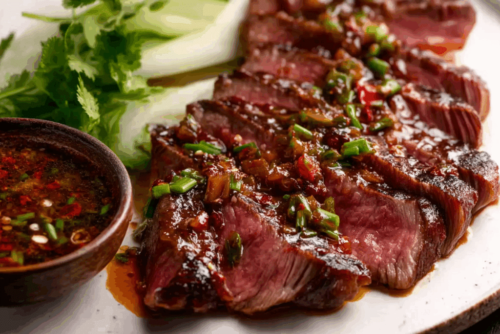Crying Tiger Beef served with sticky rice and dipping sauce.