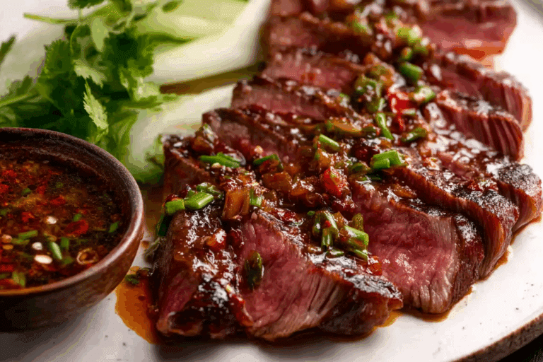 Crying Tiger Beef served with sticky rice and dipping sauce.