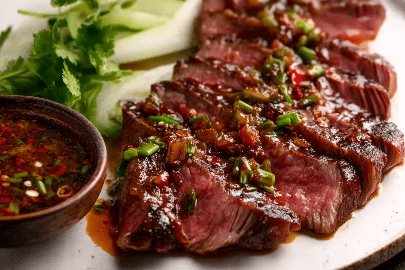 Crying Tiger Beef served with sticky rice and dipping sauce.