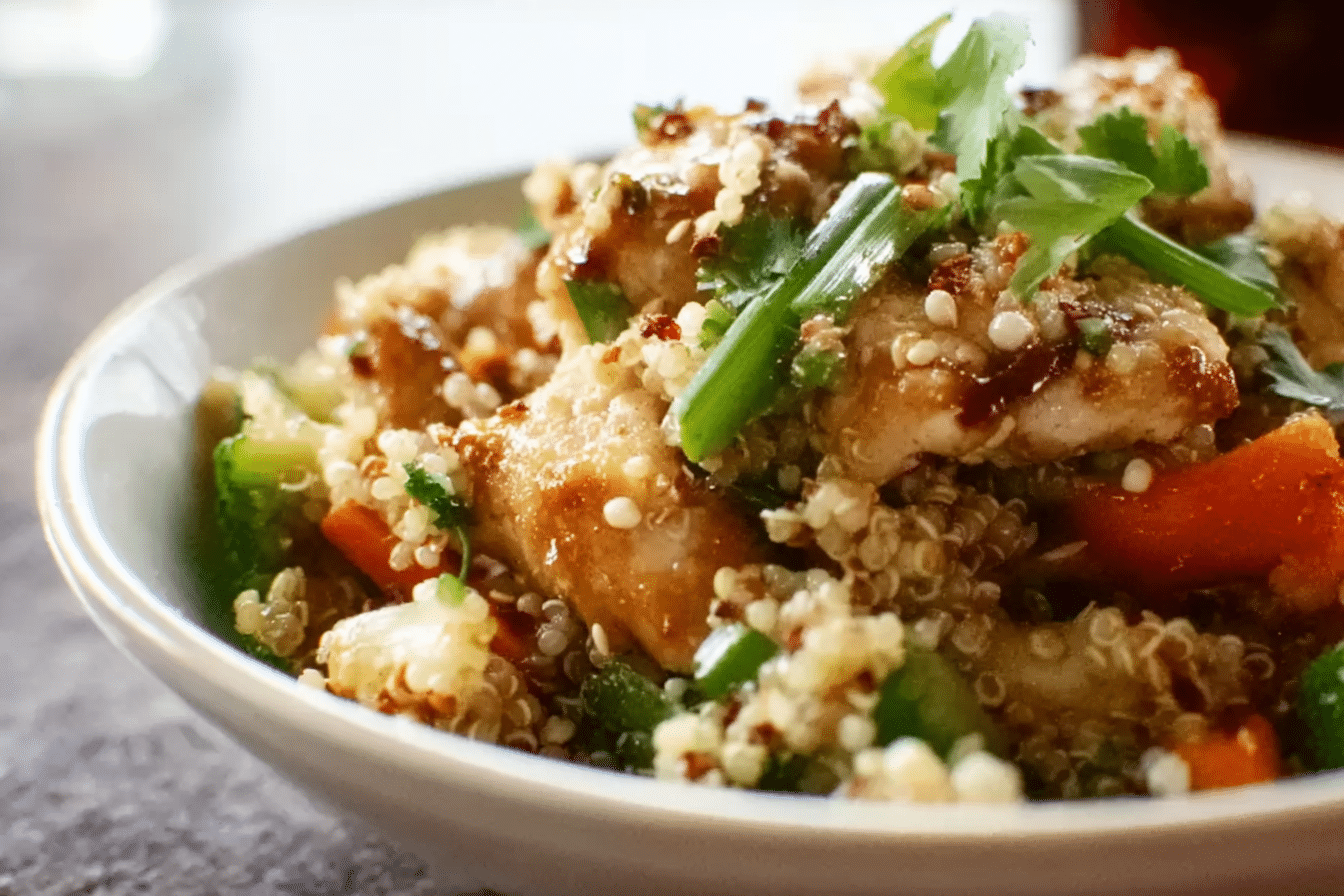 Thai Chicken and Quinoa Bowl with Roasted Vegetables in natural light