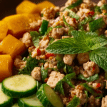 Larb Gai with Roasted Squash on rustic plate with lime and herbs