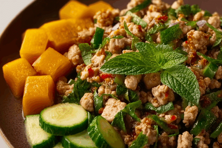 Larb Gai with Roasted Squash on rustic plate with lime and herbs