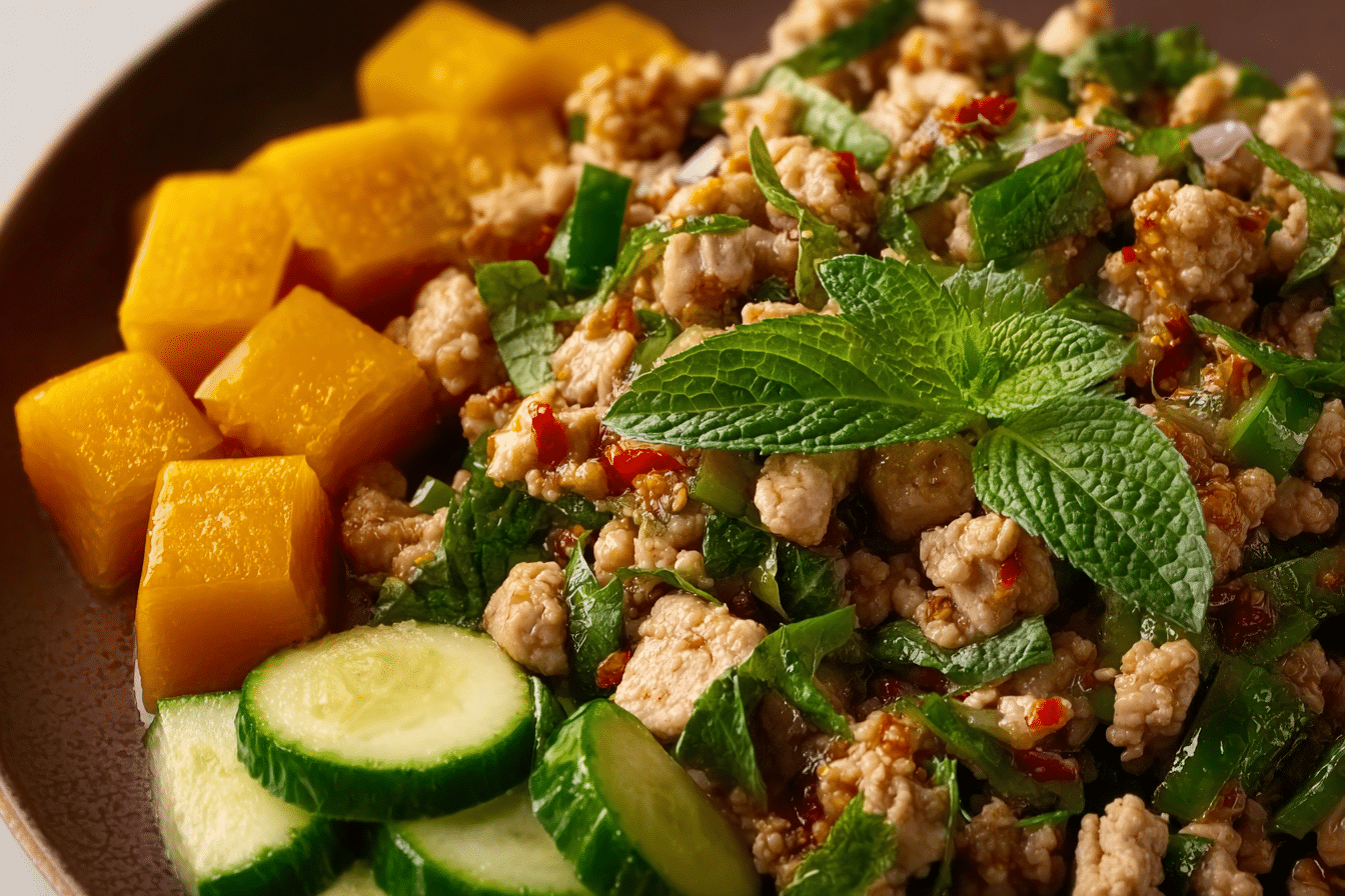 Larb Gai with Roasted Squash on rustic plate with lime and herbs