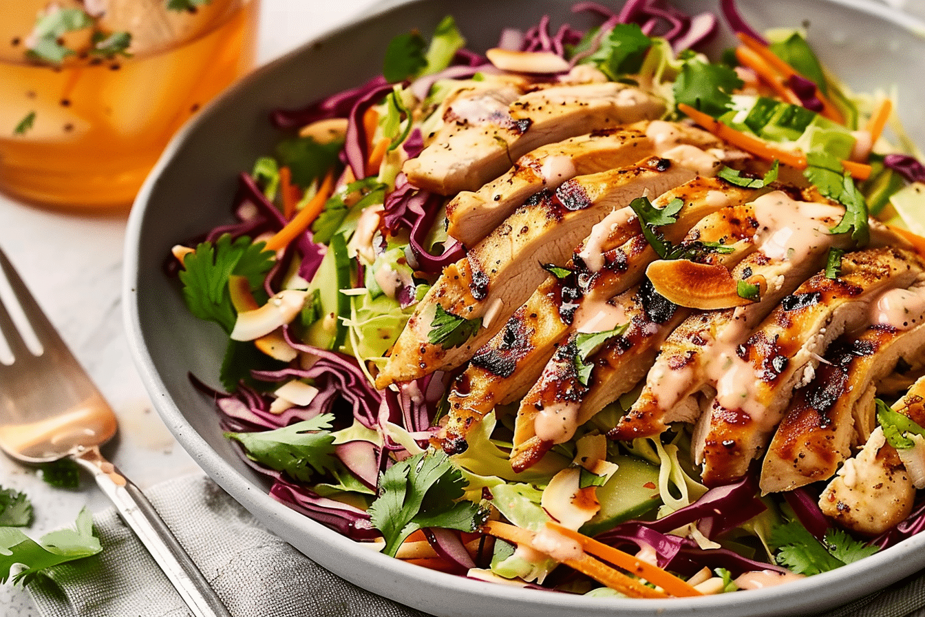 Coconut Lime Chicken and Cabbage Salad with herbs and grilled chicken
