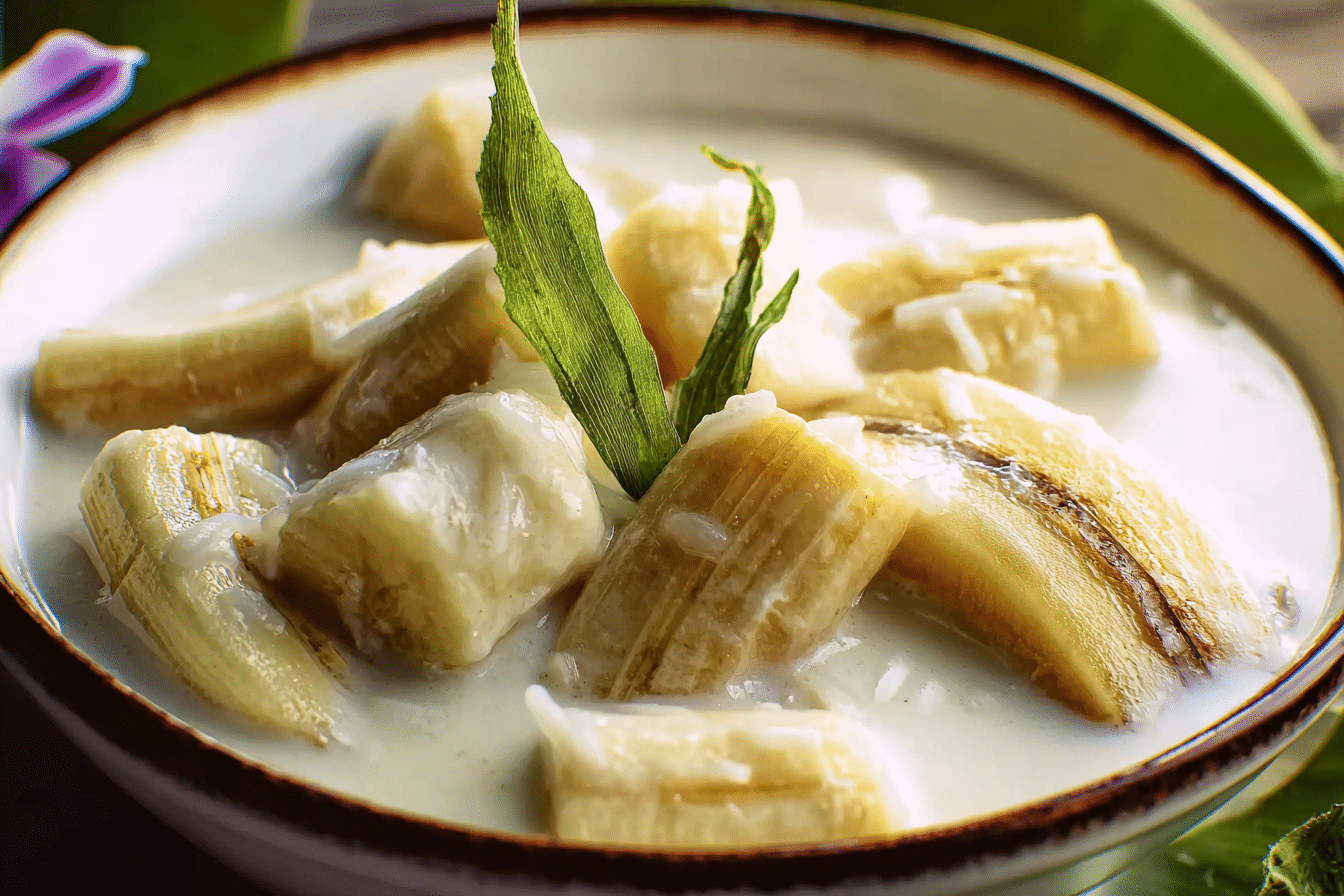 Close-up of Thai Banana in Coconut Milk in ceramic bowl