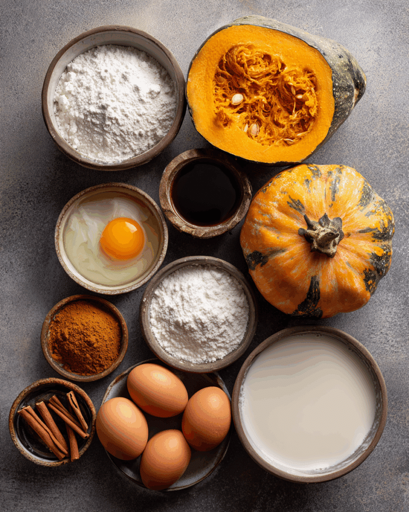 Thai Pumpkin Custard ingredients with kabocha squash, eggs, and coconut milk