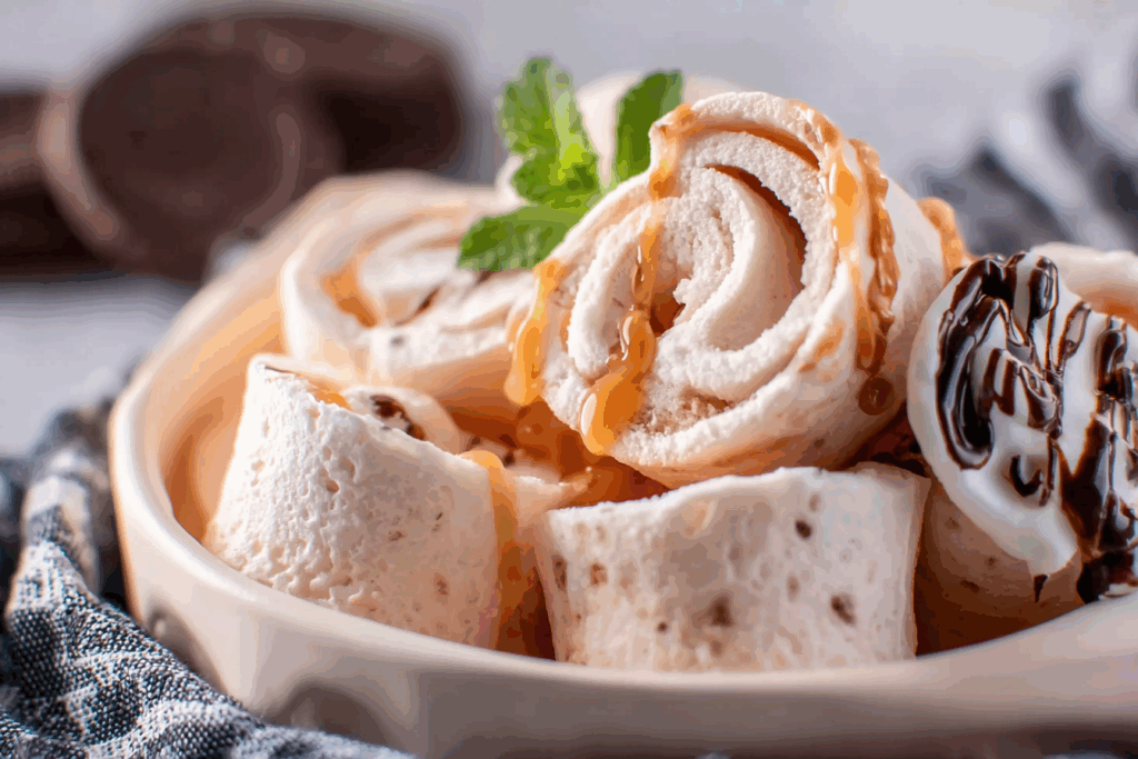 Thai Rolled Ice Cream being prepared fresh on a cold plate