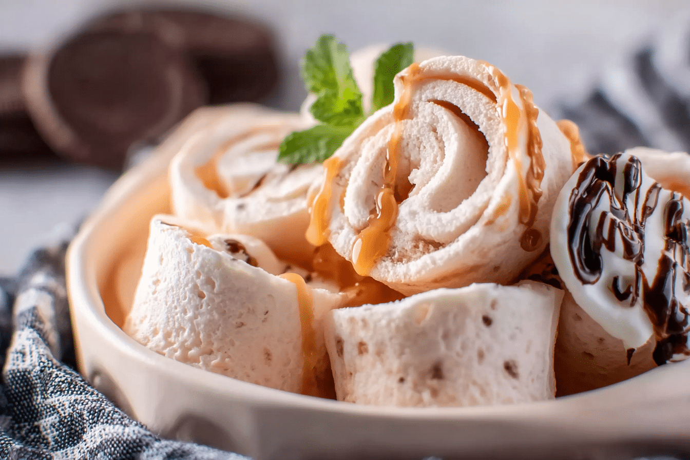 Thai Rolled Ice Cream being prepared fresh on a cold plate