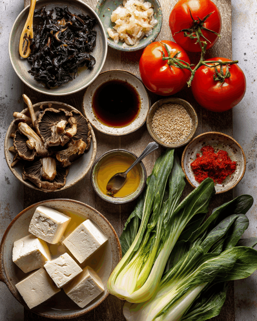 Ingredients for Clear Soup with Tofu and Vegetables on table
