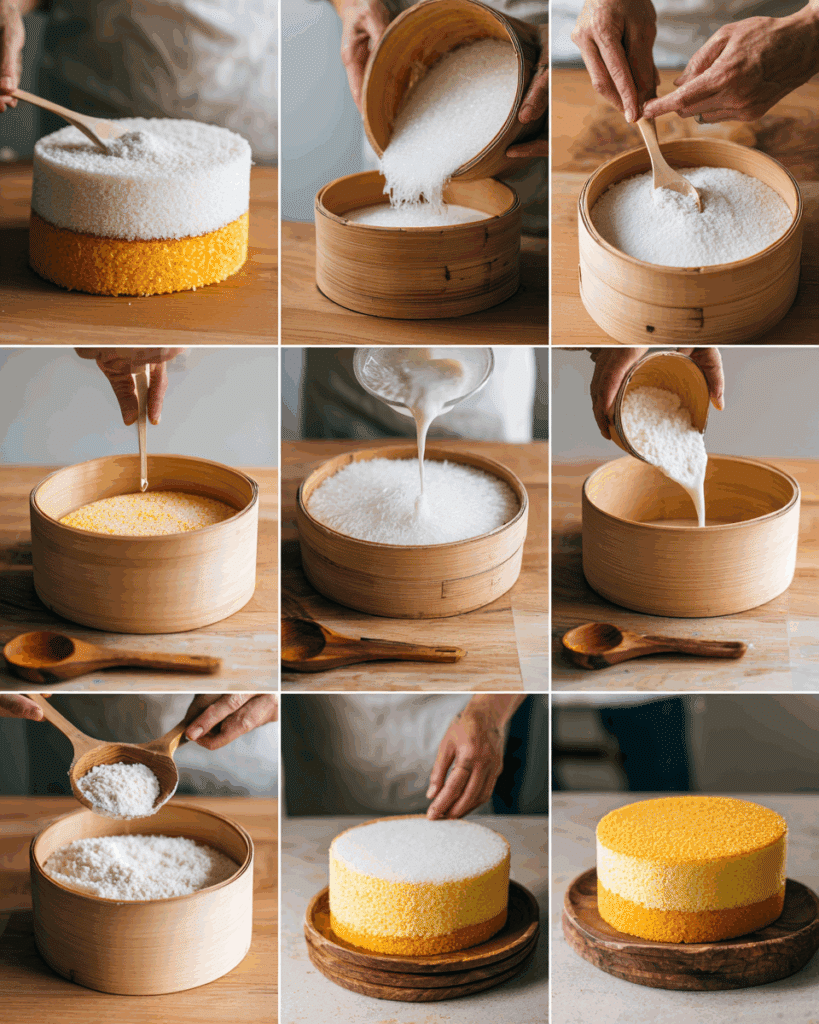 Steaming process of Sticky Rice Layer Cake in a glass pan