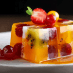 Agar Jelly Fruit Cake sliced showing fruit and coconut layers