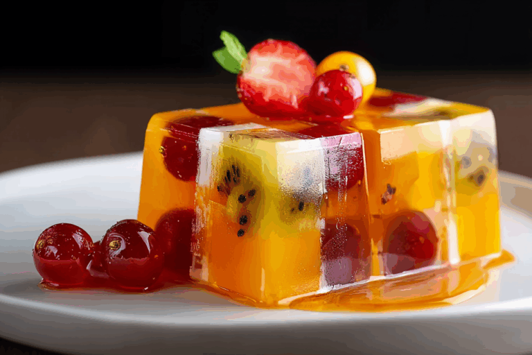 Agar Jelly Fruit Cake sliced showing fruit and coconut layers