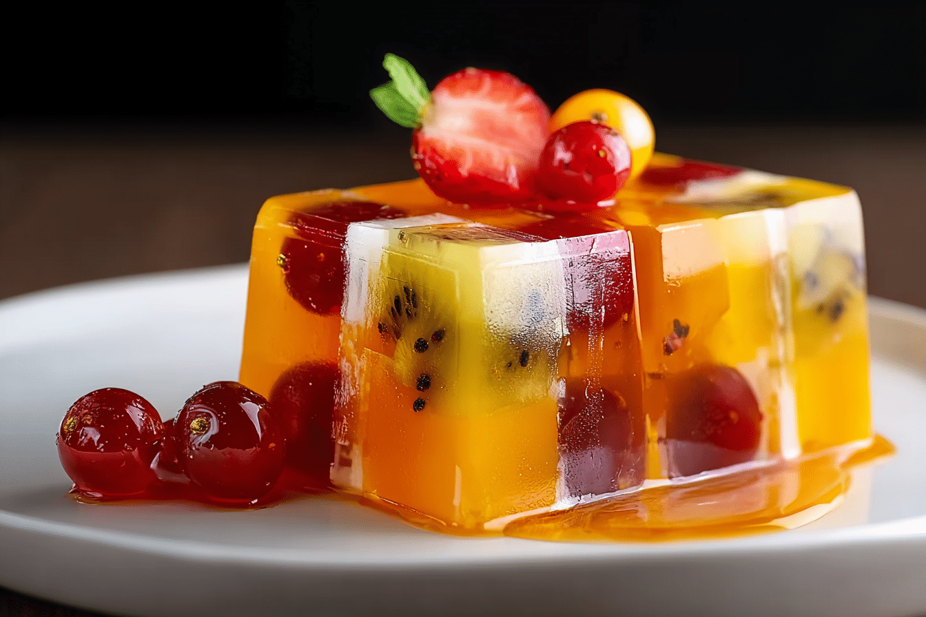 Agar Jelly Fruit Cake sliced showing fruit and coconut layers