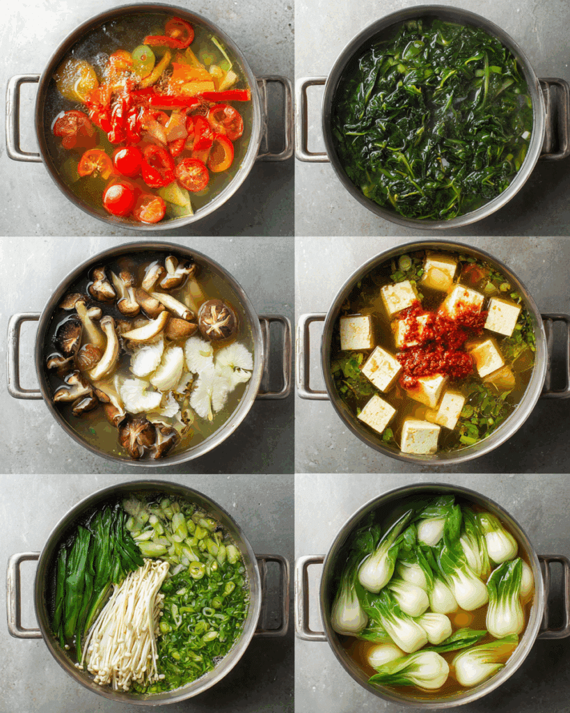Clear Soup with Tofu and Vegetables simmering in pot