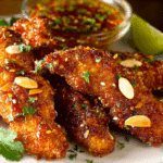 Thai-Style Chicken Fingers close-up with sweet chili glaze