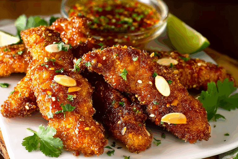 Thai-Style Chicken Fingers close-up with sweet chili glaze
