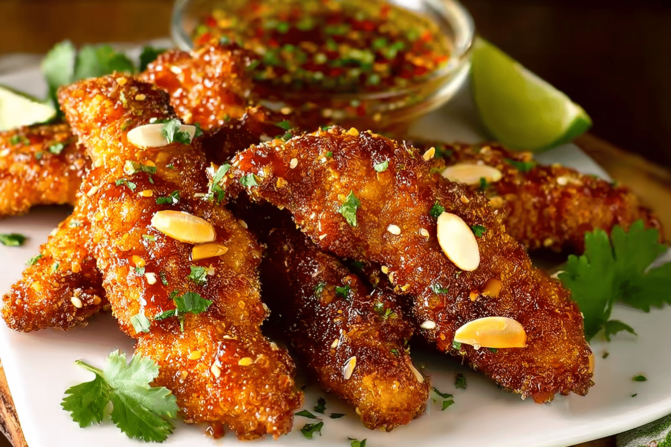 Thai-Style Chicken Fingers close-up with sweet chili glaze